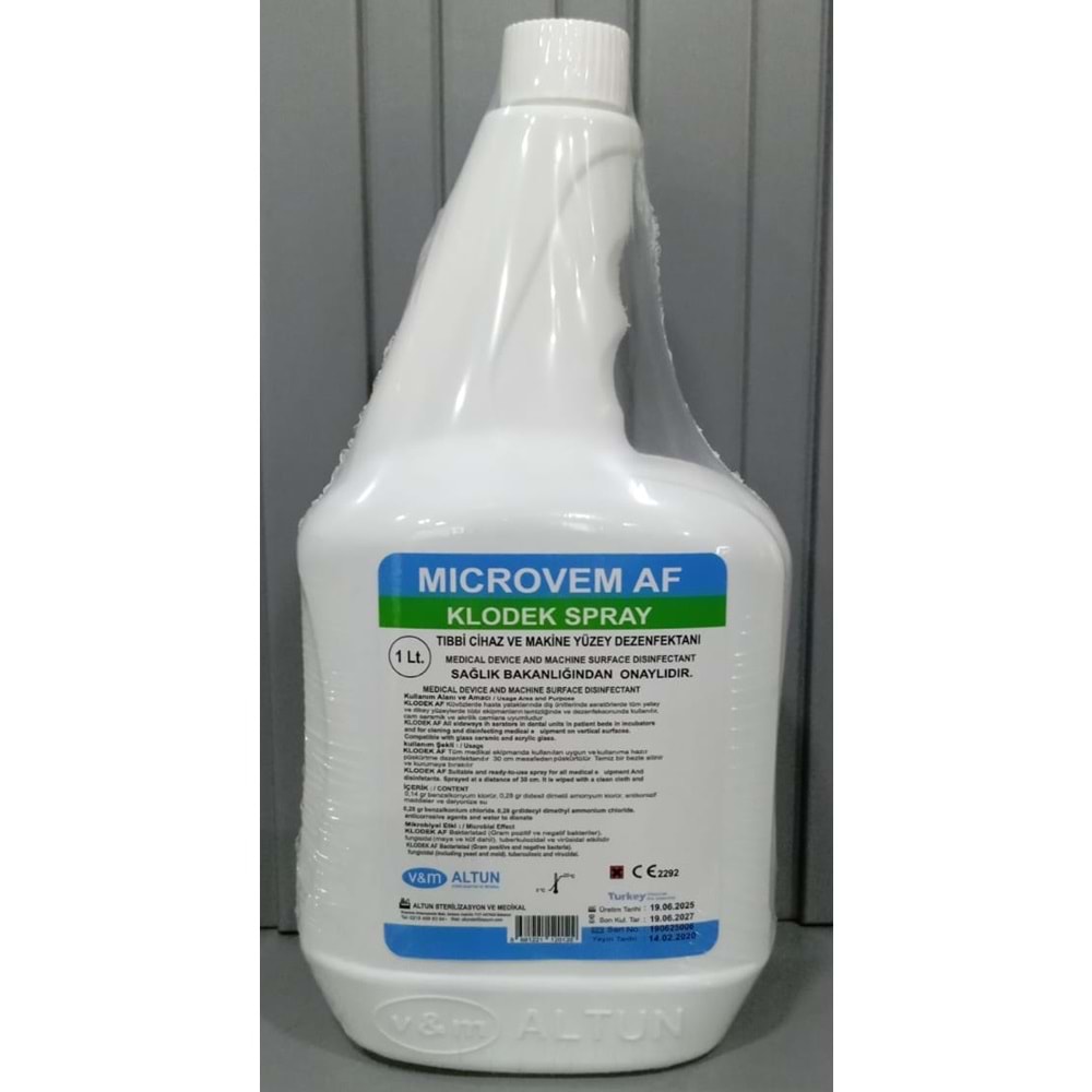 MICROVEM AF KLODEK SPRAY YÜZEY DEZENFEKTANI 08681221120122 Lot/Batch Numarası:190625006 19/06/2027