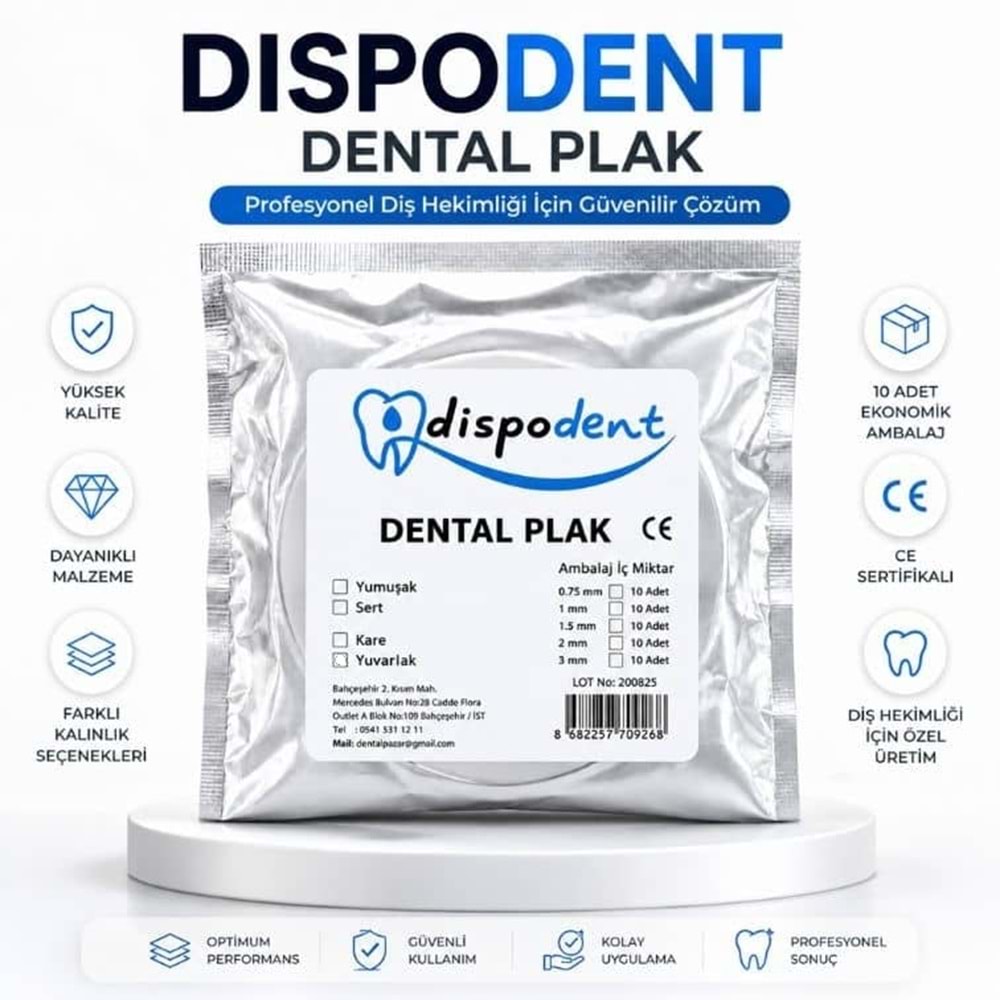 DİSPODENT DENTAL PLAK - SERT PLAK - 3 mm 08682257709282 LOT:010825. ÜRT:01/11/2025