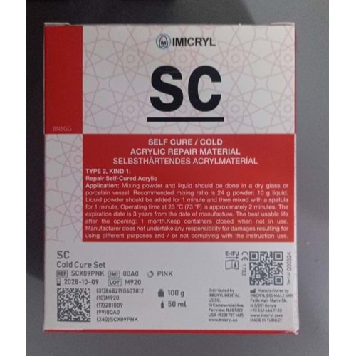 SC SOĞUK SELF CURE ACRL SET 100GR POWDER + 50ML LIQUID IFU: A IMI3:A RENK: PEMBE LOT:M920 BARCODE:8682190607812 EXP:09.10.2028